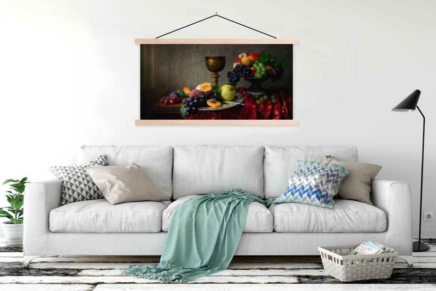 TextilePosters Posterhanger incl. Poster 120x60 cm Schoolplaat Rustiek Tafel Fruit Stilleven Beker Textielposter Blanke latten - Foto 2