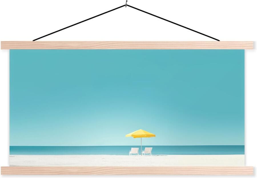 TextilePosters Posterhanger incl. Poster 150x75 cm Schoolplaat Strand Blauwe lucht Geel Parasol Textielposter Blanke latten