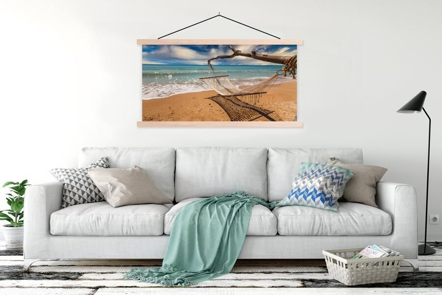 TextilePosters Posterhanger incl. Poster 150x75 cm Schoolplaat Strand Zee Hangmat Textielposter Blanke latten - Foto 2
