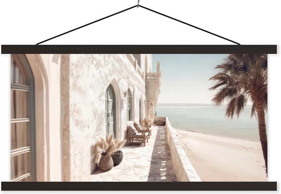 TextilePosters Posterhanger incl. Poster 120x60 cm Schoolplaat Terras Stoelen Strand Beige Textielposter Zwarte latten