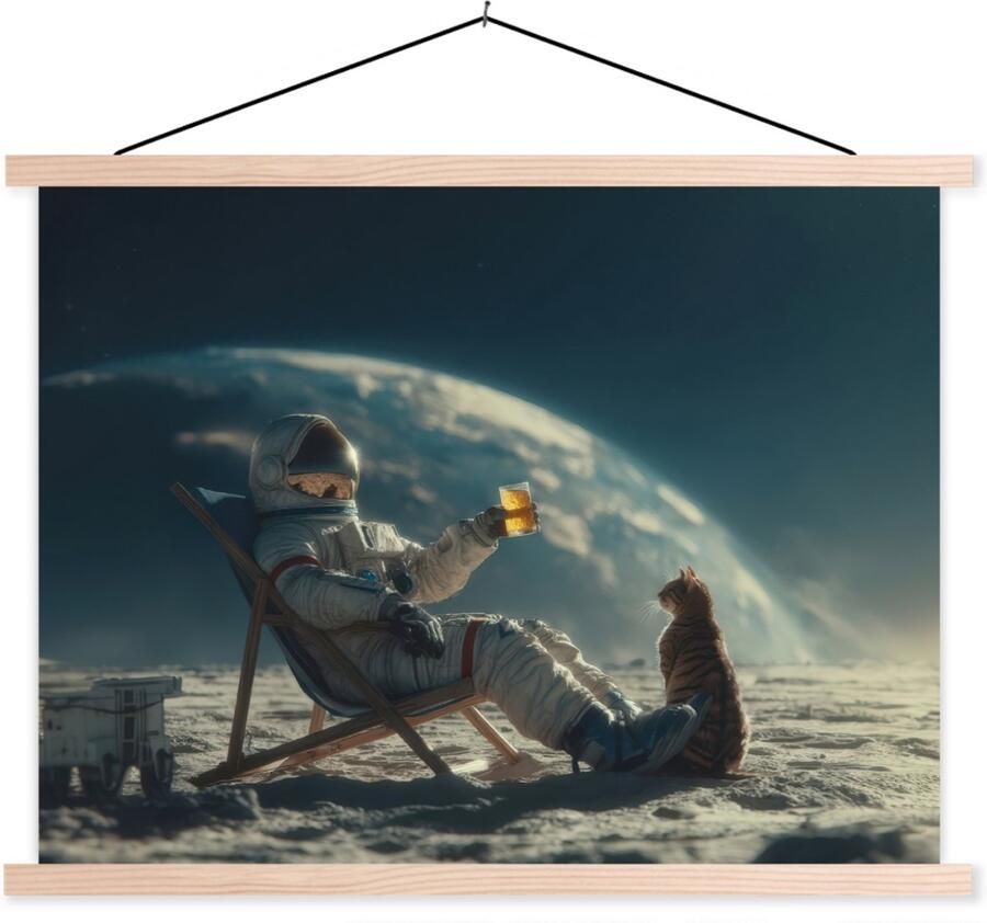 TextilePosters Posterhanger incl. Poster 150x113 cm Schoolplaat Astronaut Kat Glas Stoel Textielposter Blanke latten