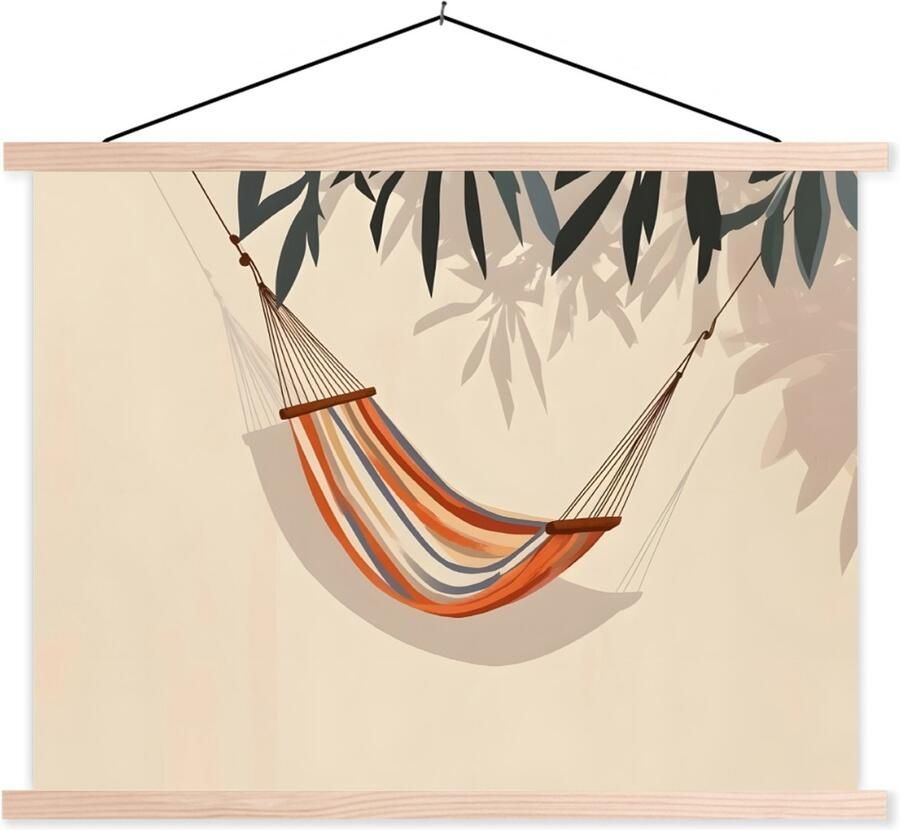 TextilePosters Posterhanger incl. Poster 60x45 cm Schoolplaat Hangmat Kleurrijk Bladeren Schaduw Textielposter Blanke latten