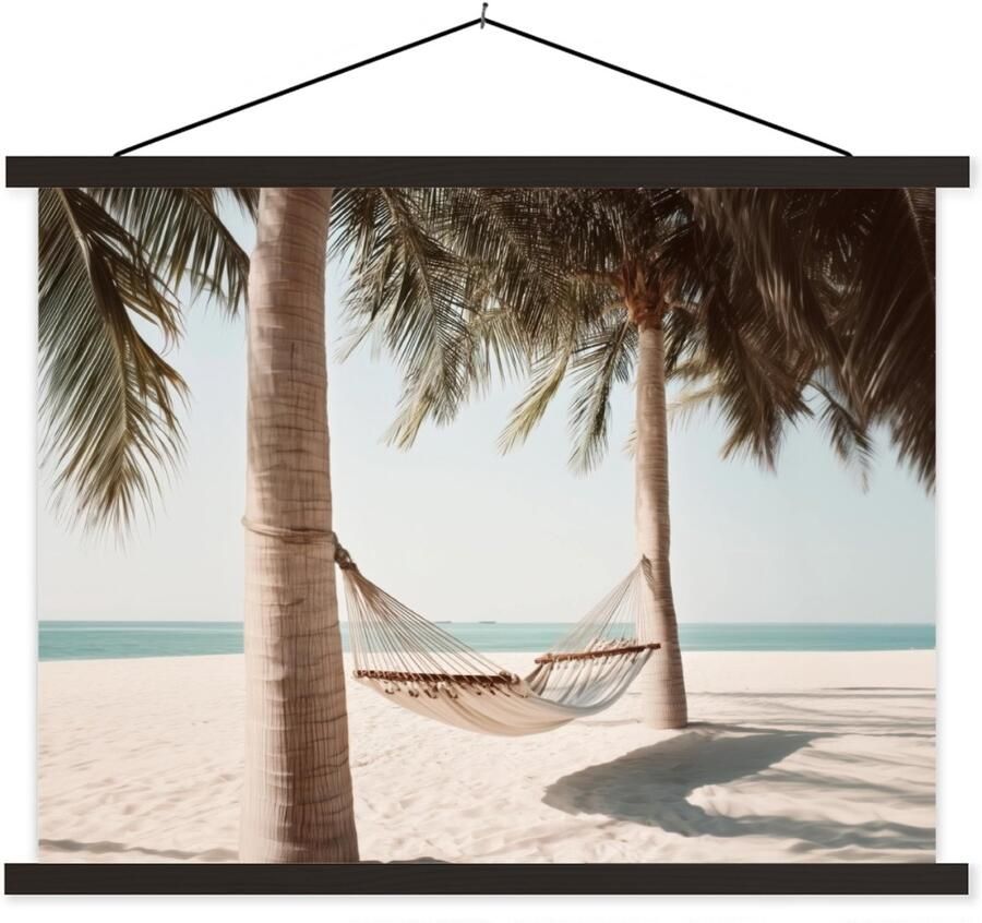 TextilePosters Posterhanger incl. Poster 60x45 cm Schoolplaat Hangmat Palmbomen Strand Zee Textielposter Zwarte latten