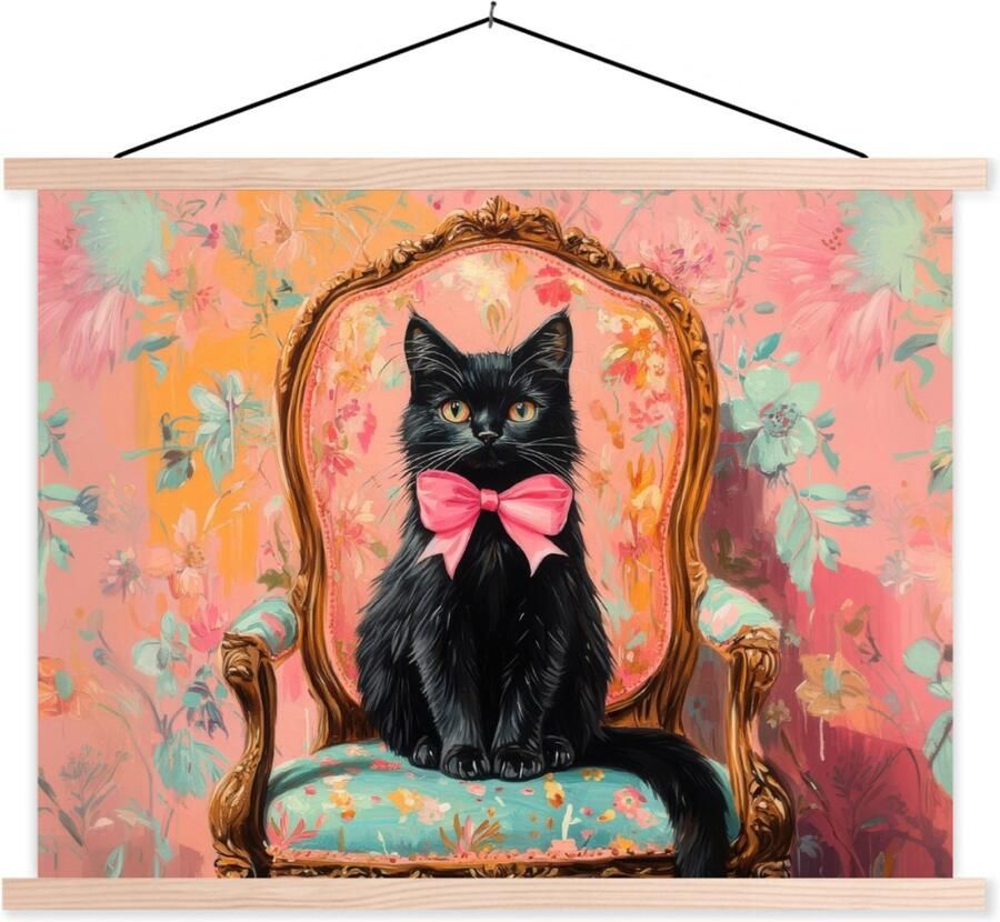 TextilePosters Posterhanger incl. Poster 150x113 cm Schoolplaat Kat Roze Stoel met bloemenmotief Textielposter Blanke latten