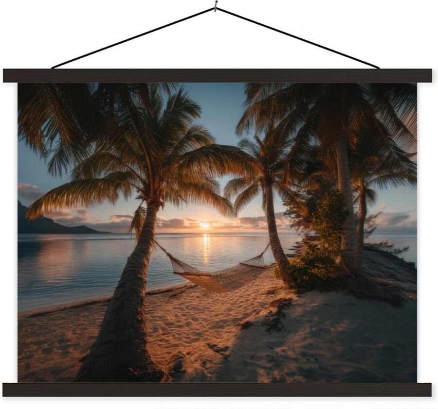 TextilePosters Posterhanger incl. Poster 60x45 cm Schoolplaat Palmbomen Hangmat Strand Zonsondergang Textielposter Zwarte latten