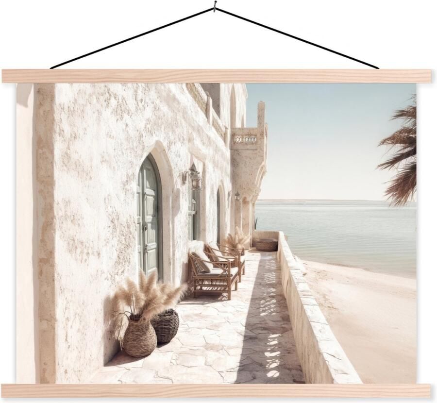 TextilePosters Posterhanger incl. Poster 150x113 cm Schoolplaat Terras Stoelen Strand Beige Textielposter Blanke latten
