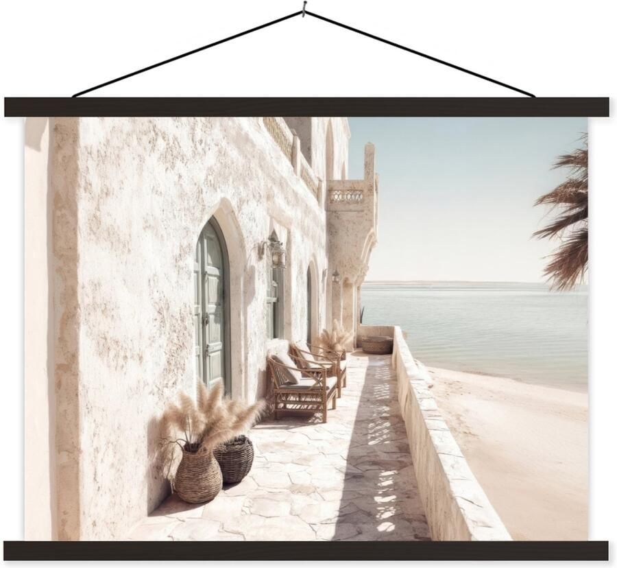TextilePosters Posterhanger incl. Poster 150x113 cm Schoolplaat Terras Stoelen Strand Beige Textielposter Zwarte latten