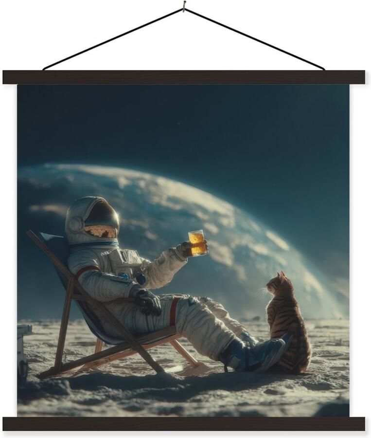 TextilePosters Posterhanger incl. Poster 90x90 cm Schoolplaat Astronaut Kat Glas Stoel Textielposter Zwarte latten