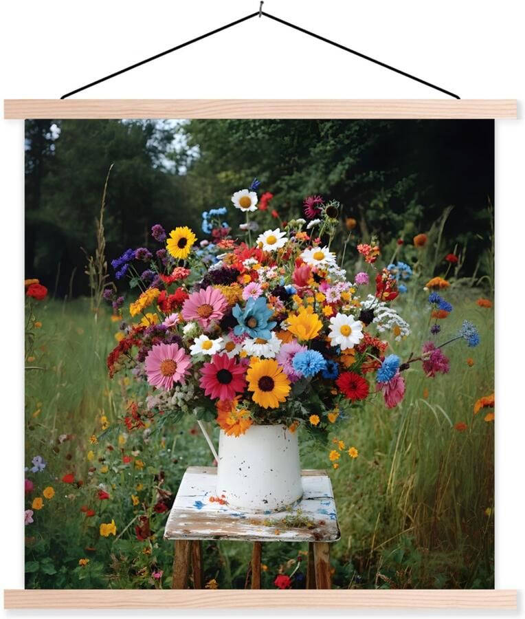 TextilePosters Posterhanger incl. Poster 90x90 cm Schoolplaat Bloemen Krukje Gieter Veld Textielposter Blanke latten