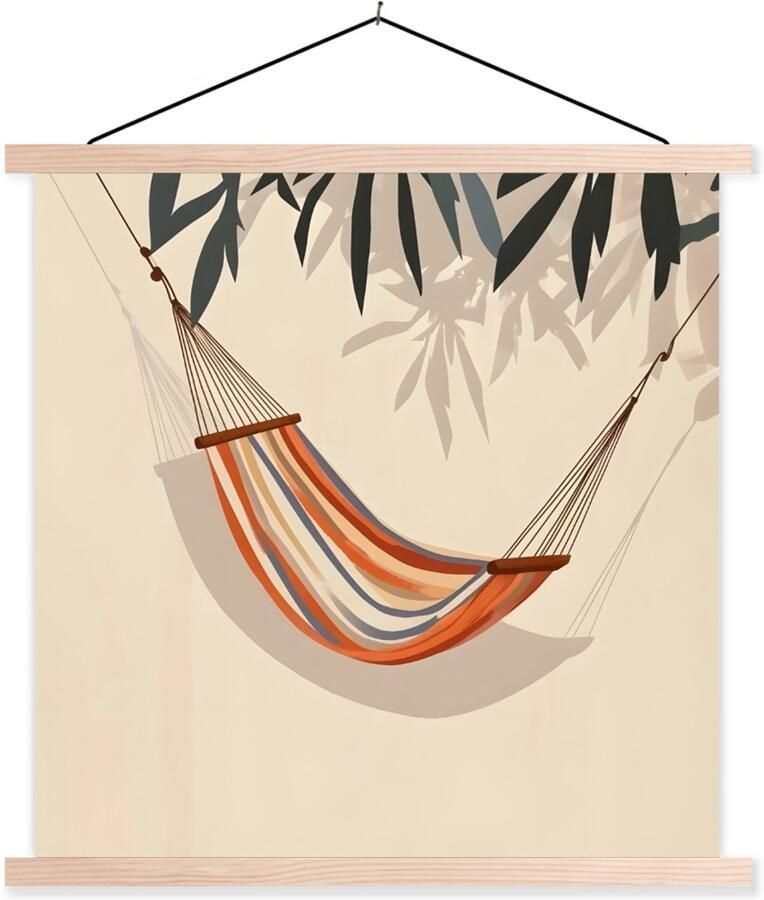 TextilePosters Posterhanger incl. Poster 120x120 cm Schoolplaat Hangmat Kleurrijk Bladeren Schaduw Textielposter Blanke latten