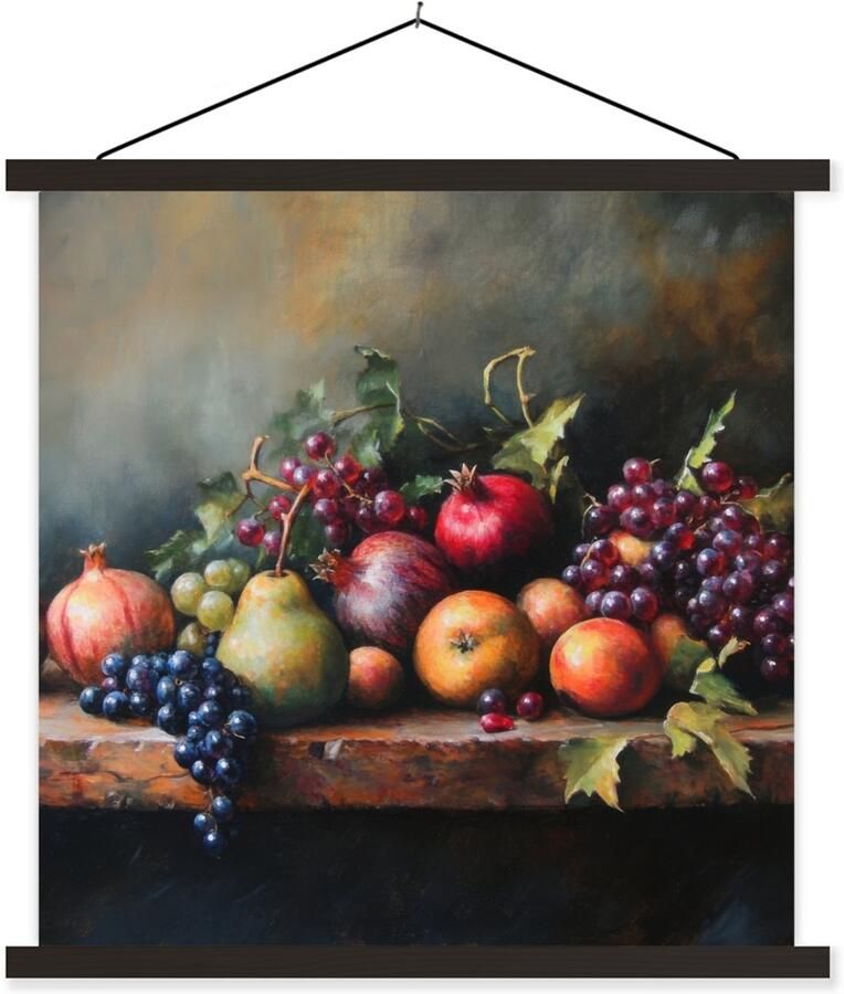 TextilePosters Posterhanger incl. Poster 120x120 cm Schoolplaat Rustiek Stilleven Fruit Textielposter Zwarte latten
