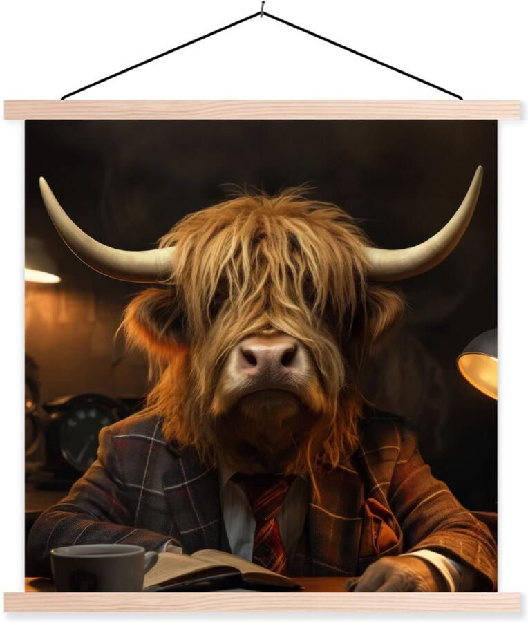 TextilePosters Posterhanger incl. Poster 90x90 cm Schoolplaat Schotse hooglander Dier Pak Bureau Textielposter Blanke latten