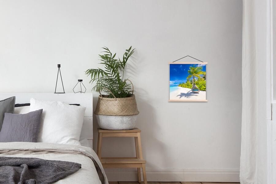 TextilePosters Posterhanger incl. Poster 40x40 cm Schoolplaat Strand Palm Hangstoel Textielposter Blanke latten - Foto 2