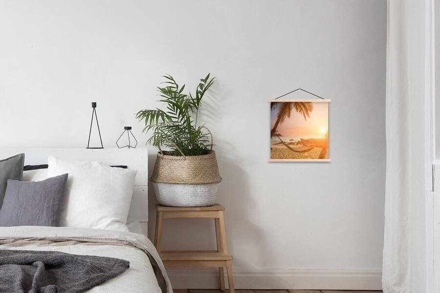 TextilePosters Posterhanger incl. Poster 40x40 cm Schoolplaat Zomer Zonsondergang Hangmat Textielposter Blanke latten - Foto 2