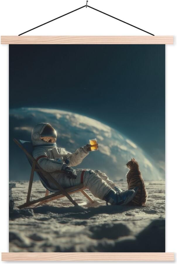 TextilePosters Posterhanger incl. Poster 60x80 cm Schoolplaat Astronaut Kat Glas Stoel Textielposter Blanke latten