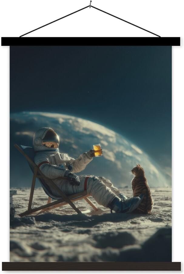 TextilePosters Posterhanger incl. Poster 60x80 cm Schoolplaat Astronaut Kat Glas Stoel Textielposter Zwarte latten