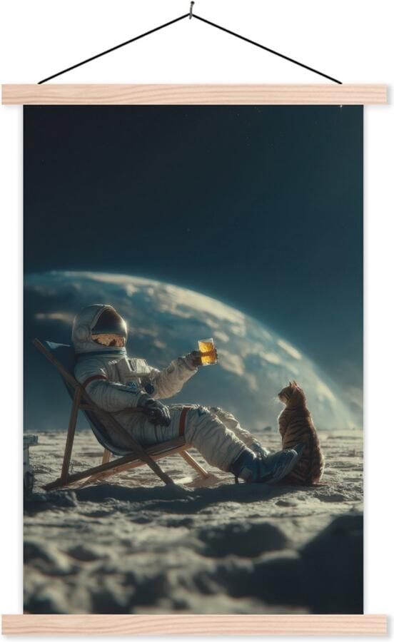 TextilePosters Posterhanger incl. Poster 40x60 cm Schoolplaat Astronaut Kat Glas Stoel Textielposter Blanke latten
