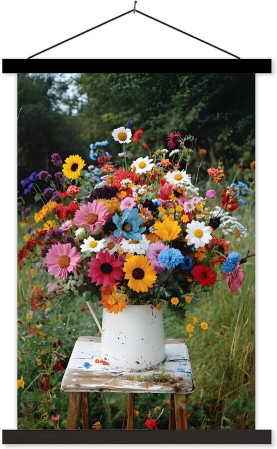 TextilePosters Posterhanger incl. Poster 40x60 cm Schoolplaat Bloemen Krukje Gieter Veld Textielposter Zwarte latten