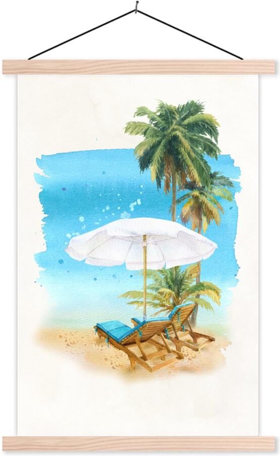 TextilePosters Posterhanger incl. Poster 40x60 cm Schoolplaat Strandstoel Parasol Palmboom- Zee Textielposter Blanke latten