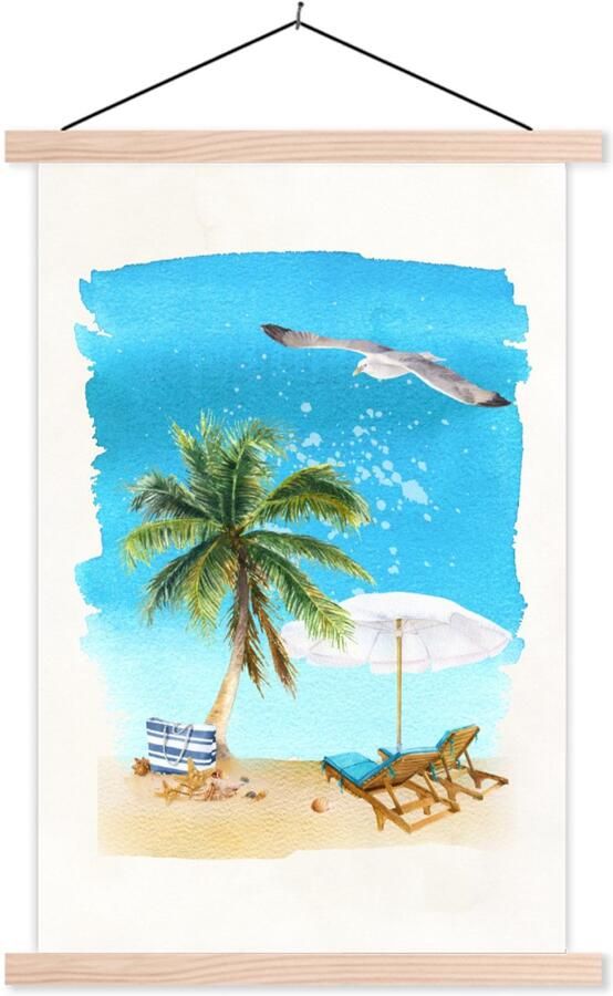 TextilePosters Posterhanger incl. Poster 120x180 cm Schoolplaat Strandstoel Parasol Palmboom Lucht Textielposter Blanke latten