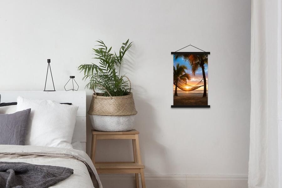 TextilePosters Posterhanger incl. Poster 40x60 cm Schoolplaat Zonsondergang Hangmat Palmboom Textielposter Zwarte latten - Foto 2