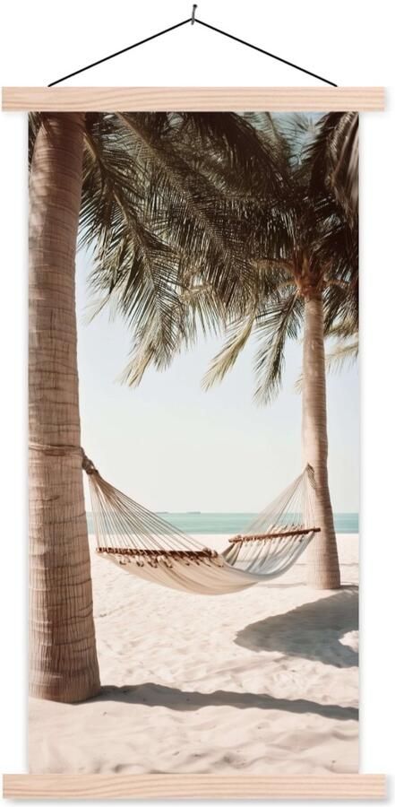 TextilePosters Posterhanger incl. Poster 40x80 cm Schoolplaat Hangmat Palmbomen Strand Zee Textielposter Blanke latten