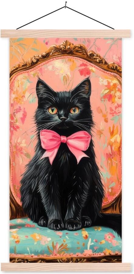TextilePosters Posterhanger incl. Poster 60x120 cm Schoolplaat Kat Roze Stoel met bloemenmotief Textielposter Blanke latten