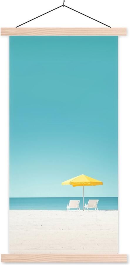 TextilePosters Posterhanger incl. Poster 60x120 cm Schoolplaat Strand Blauwe lucht Geel Parasol Textielposter Blanke latten
