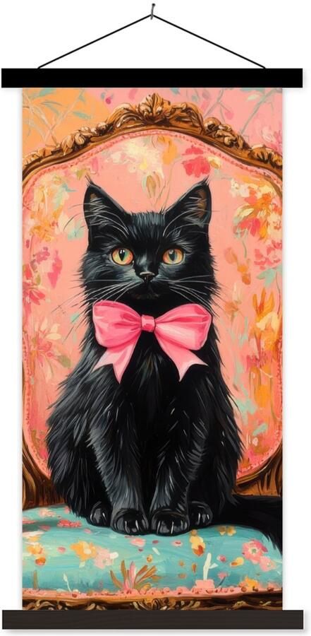 TextilePosters Posterhanger incl. Poster 60x120 cm Schoolplaat Kat Roze Stoel met bloemenmotief Textielposter Zwarte latten