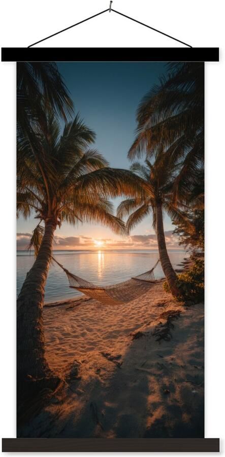 TextilePosters Posterhanger incl. Poster 40x80 cm Schoolplaat Palmbomen Hangmat Strand Zonsondergang Textielposter Zwarte latten