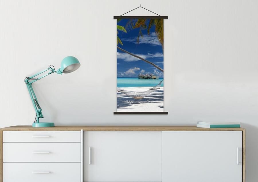 TextilePosters Posterhanger incl. Poster 60x120 cm Schoolplaat Strand Zomer Hangmat Textielposter Zwarte latten - Foto 2
