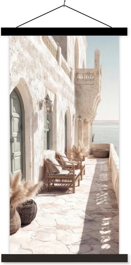 TextilePosters Posterhanger incl. Poster 60x120 cm Schoolplaat Terras Stoelen Strand Beige Textielposter Zwarte latten