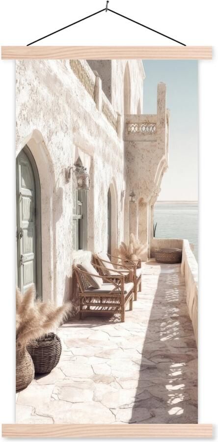 TextilePosters Posterhanger incl. Poster 60x120 cm Schoolplaat Terras Stoelen Strand Beige Textielposter Blanke latten