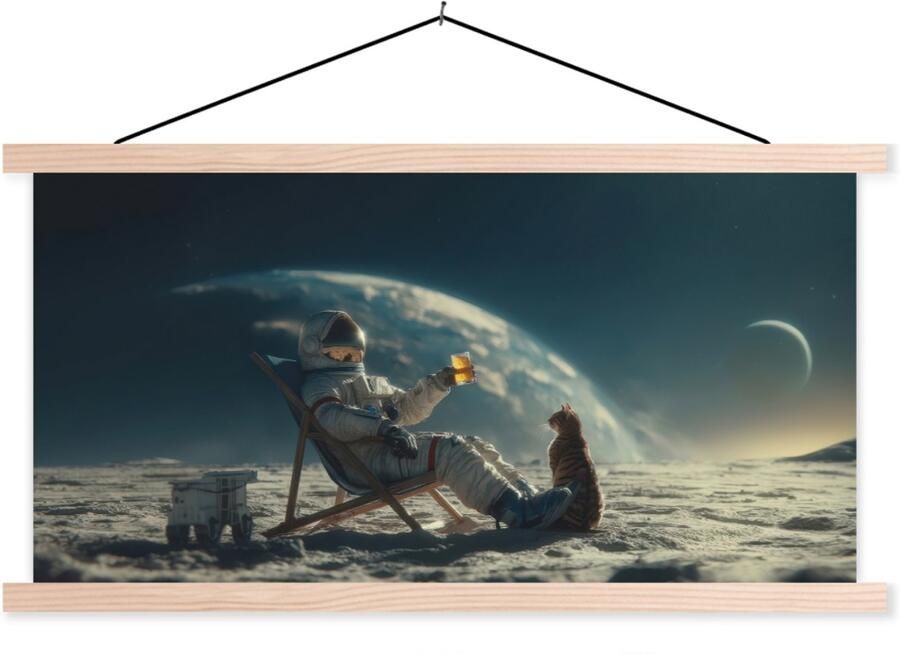 TextilePosters Posterhanger incl. Poster 120x60 cm Schoolplaat Astronaut Kat Glas Stoel Textielposter Blanke latten