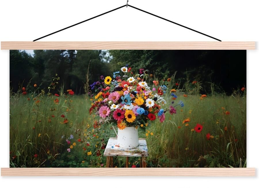 TextilePosters Posterhanger incl. Poster 60x30 cm Schoolplaat Bloemen Krukje Gieter Veld Textielposter Blanke latten
