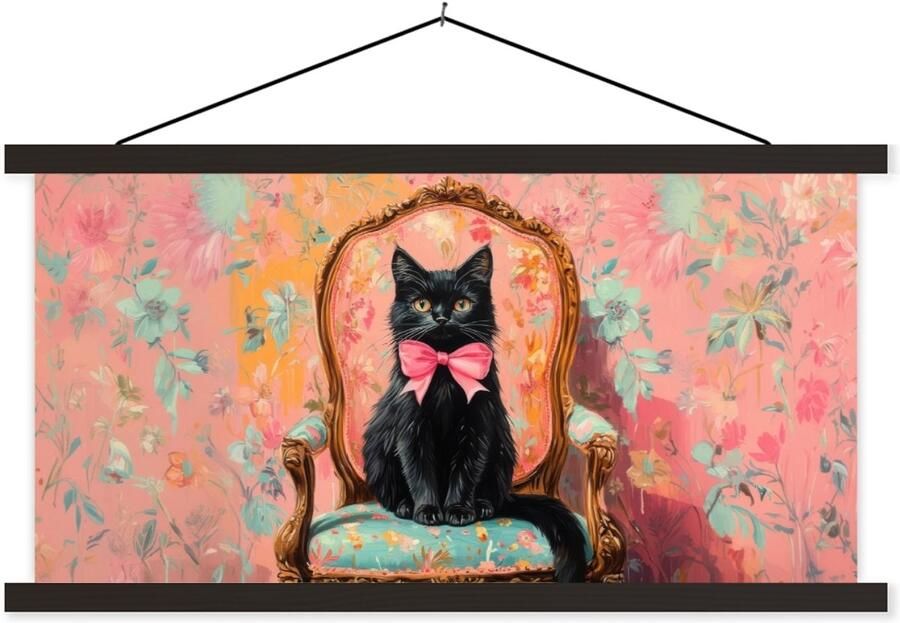 TextilePosters Posterhanger incl. Poster 120x60 cm Schoolplaat Kat Roze Stoel met bloemenmotief Textielposter Zwarte latten