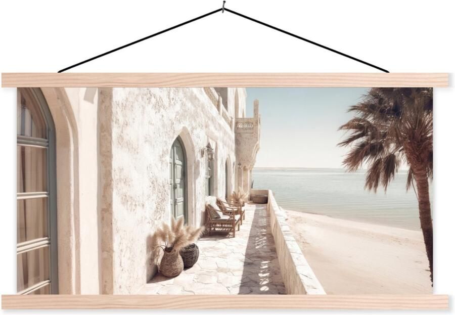TextilePosters Posterhanger incl. Poster 120x60 cm Schoolplaat Terras Stoelen Strand Beige Textielposter Blanke latten