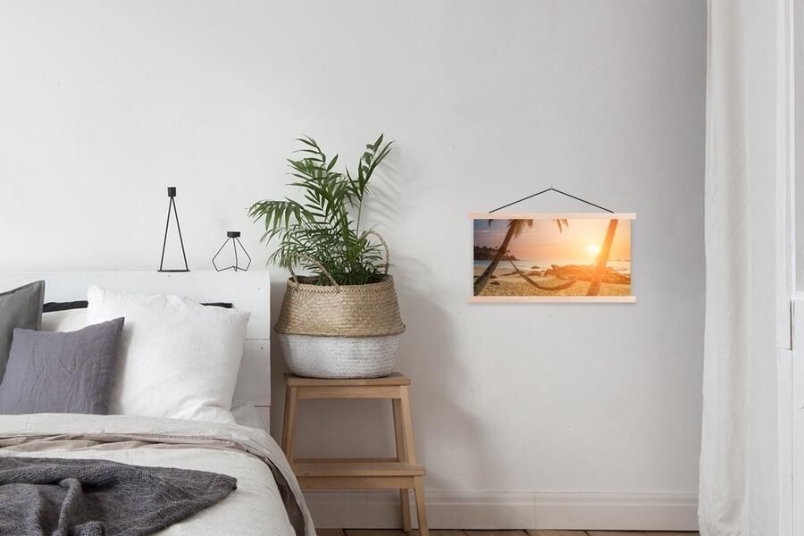 TextilePosters Posterhanger incl. Poster 60x30 cm Schoolplaat Zomer Zonsondergang Hangmat Textielposter Blanke latten - Foto 2