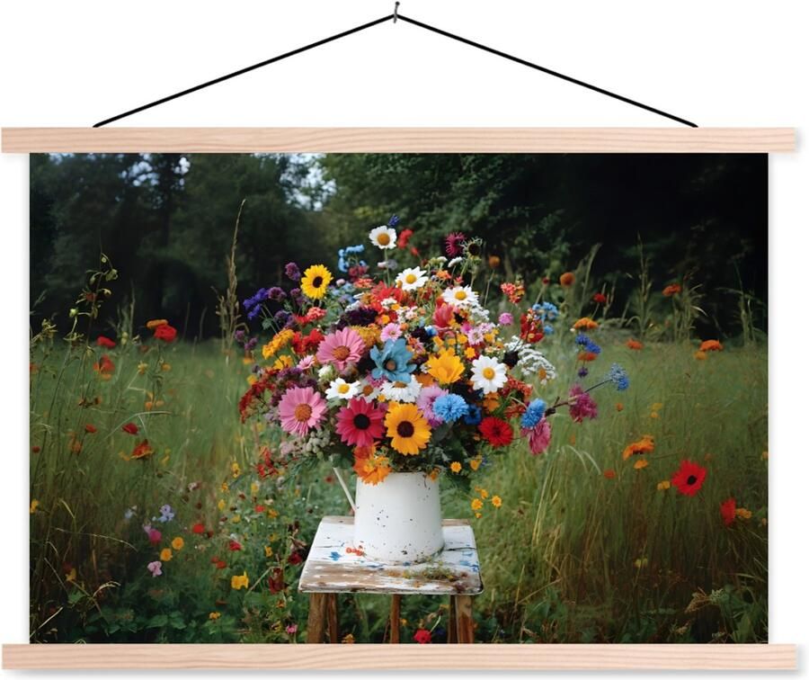 TextilePosters Posterhanger incl. Poster 90x60 cm Schoolplaat Bloemen Krukje Gieter Veld Textielposter Blanke latten