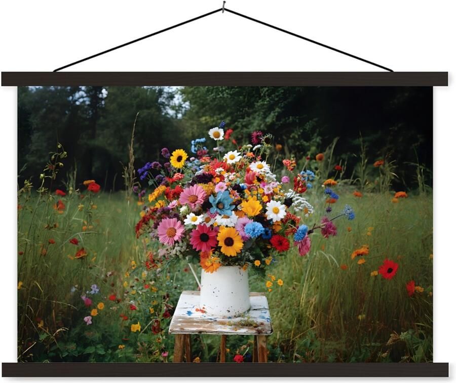 TextilePosters Posterhanger incl. Poster 90x60 cm Schoolplaat Bloemen Krukje Gieter Veld Textielposter Zwarte latten