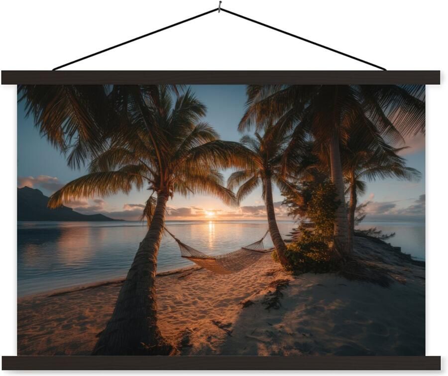 TextilePosters Posterhanger incl. Poster 60x40 cm Schoolplaat Palmbomen Hangmat Strand Zonsondergang Textielposter Zwarte latten