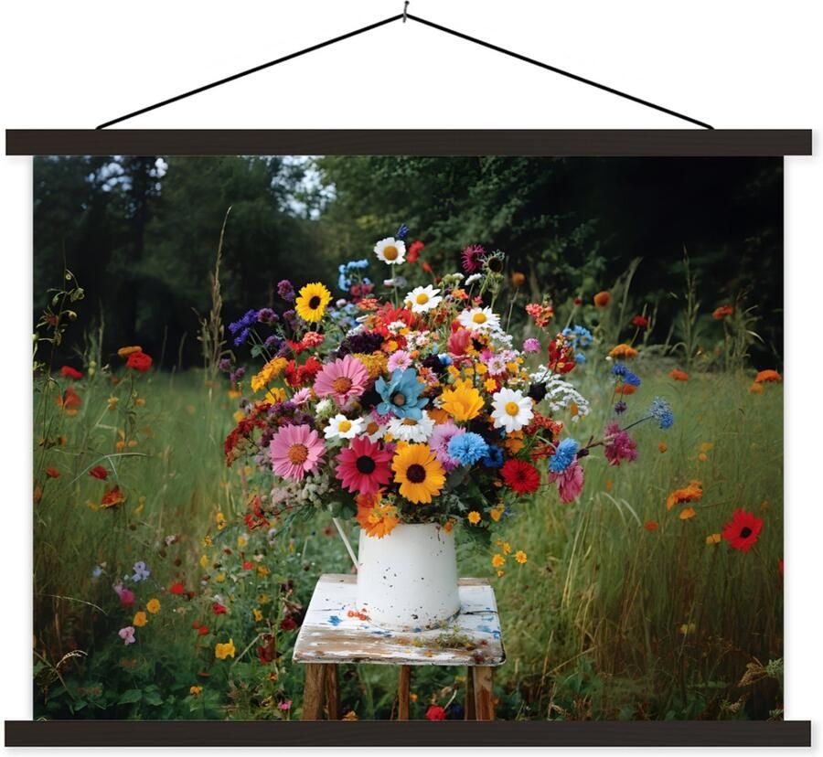 TextilePosters Posterhanger incl. Poster 60x45 cm Schoolplaat Bloemen Krukje Gieter Veld Textielposter Zwarte latten