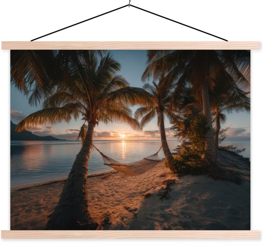 TextilePosters Posterhanger incl. Poster 60x45 cm Schoolplaat Palmbomen Hangmat Strand Zonsondergang Textielposter Blanke latten