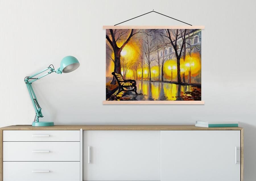 TextilePosters Posterhanger incl. Poster 60x45 cm Schoolplaat Schilderij Bank Water Licht Olieverf Textielposter Blanke latten - Foto 2