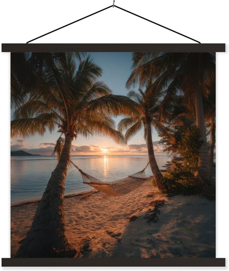 TextilePosters Posterhanger incl. Poster 120x120 cm Schoolplaat Palmbomen Hangmat Strand Zonsondergang Textielposter Zwarte latten