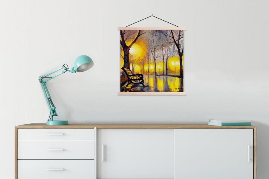TextilePosters Posterhanger incl. Poster 60x60 cm Schoolplaat Schilderij Bank Water Licht Olieverf Textielposter Blanke latten - Foto 2
