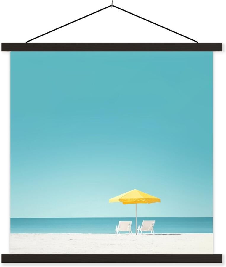 TextilePosters Posterhanger incl. Poster 60x60 cm Schoolplaat Strand Blauwe lucht Geel Parasol Textielposter Zwarte latten