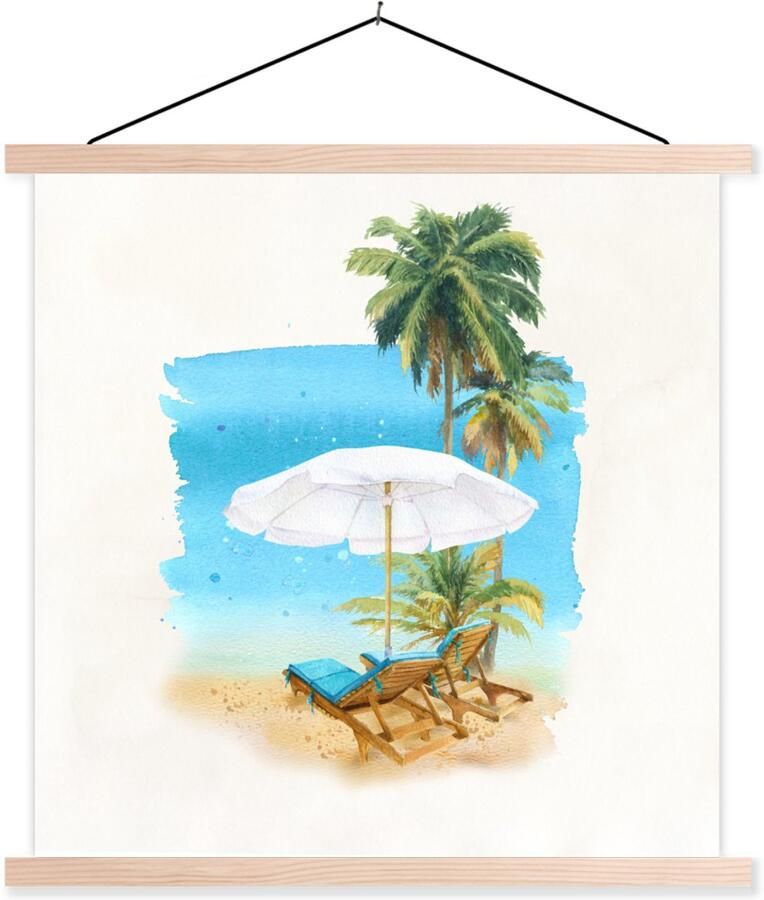 TextilePosters Posterhanger incl. Poster 60x60 cm Schoolplaat Strandstoel Parasol Palmboom Textielposter Blanke latten
