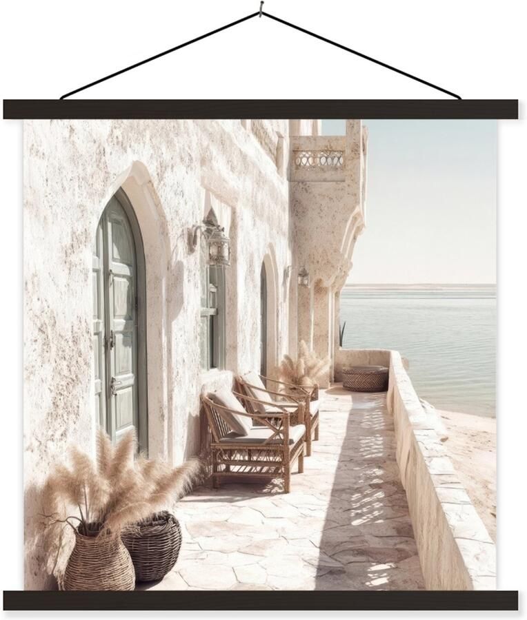 TextilePosters Posterhanger incl. Poster 90x90 cm Schoolplaat Terras Stoelen Strand Beige Textielposter Zwarte latten