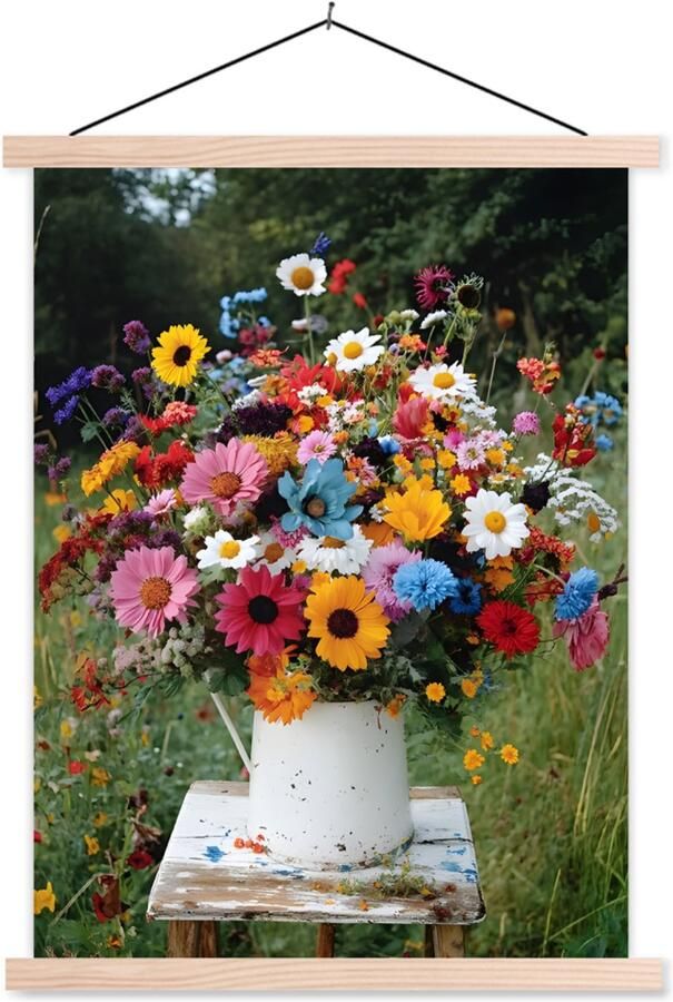 TextilePosters Posterhanger incl. Poster 60x80 cm Schoolplaat Bloemen Krukje Gieter Veld Textielposter Blanke latten